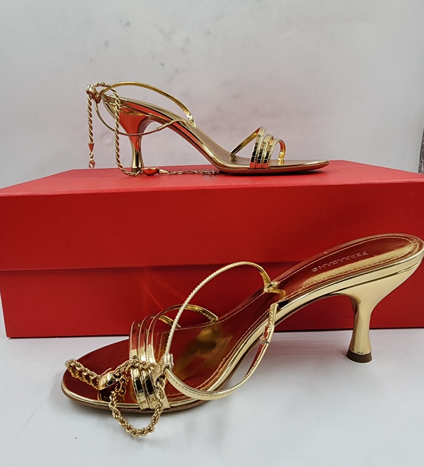 Ferragamo Denise Ankle Chain High Heel Sandals Women's 7 Gold Luxe Claw Closure - Picture 3 of 15