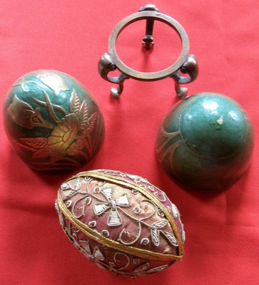 2 Ornate Eggs~Stand~Green Enamel Brass Trinket AND Silk Beaded Floral Easter Egg