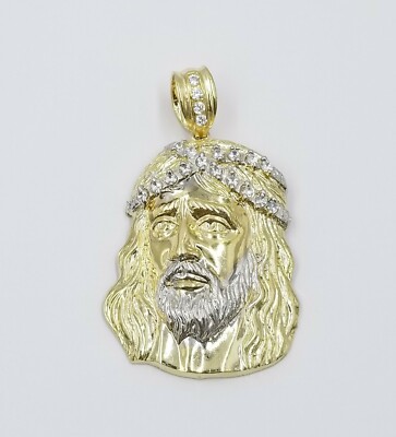 Pre-owned Globalwatches10 Real 10k Yellow White Gold Jesus Head Charm Pendant Diamond Cut 2.25" 35mm Men In Yellow & White