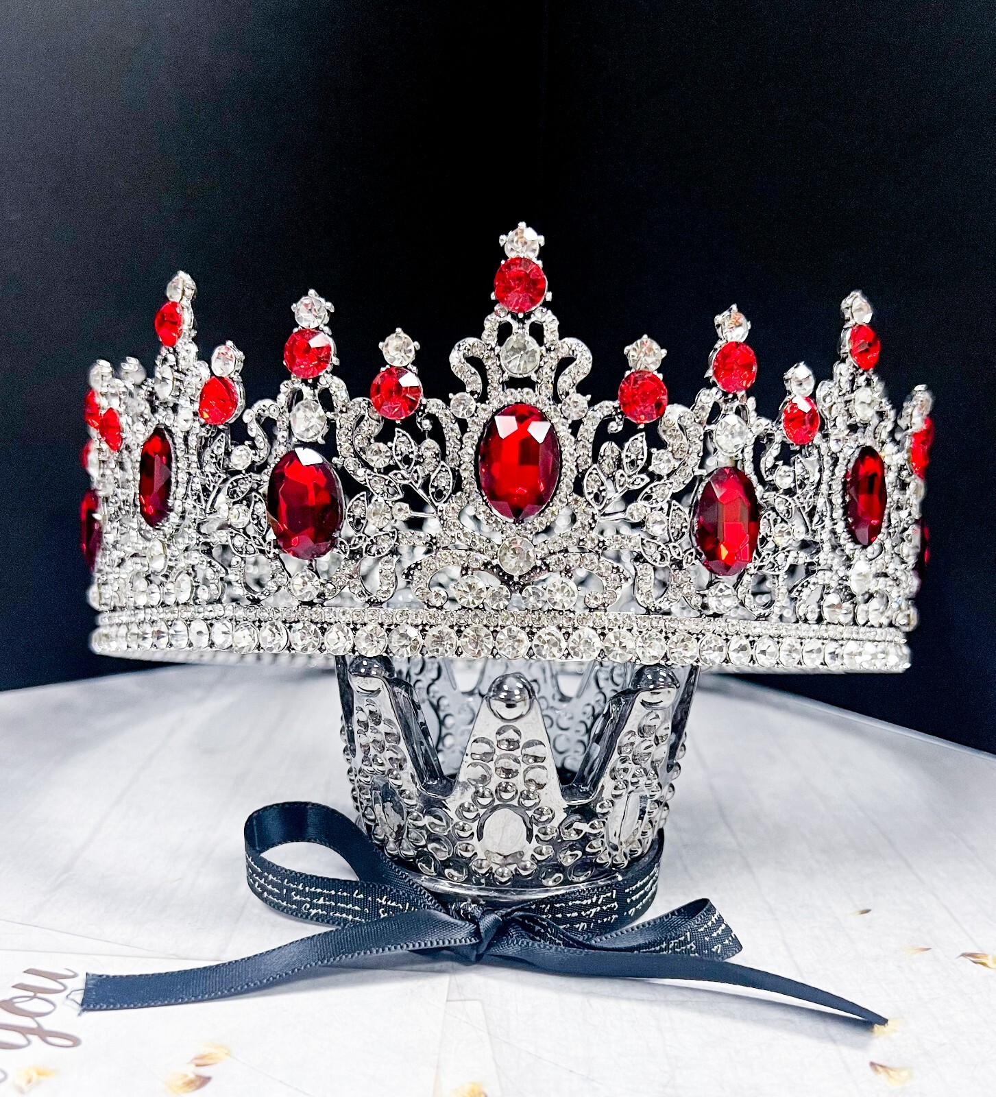 Royal King Crown, Red Crystal Crown, Silver Wedding Crown