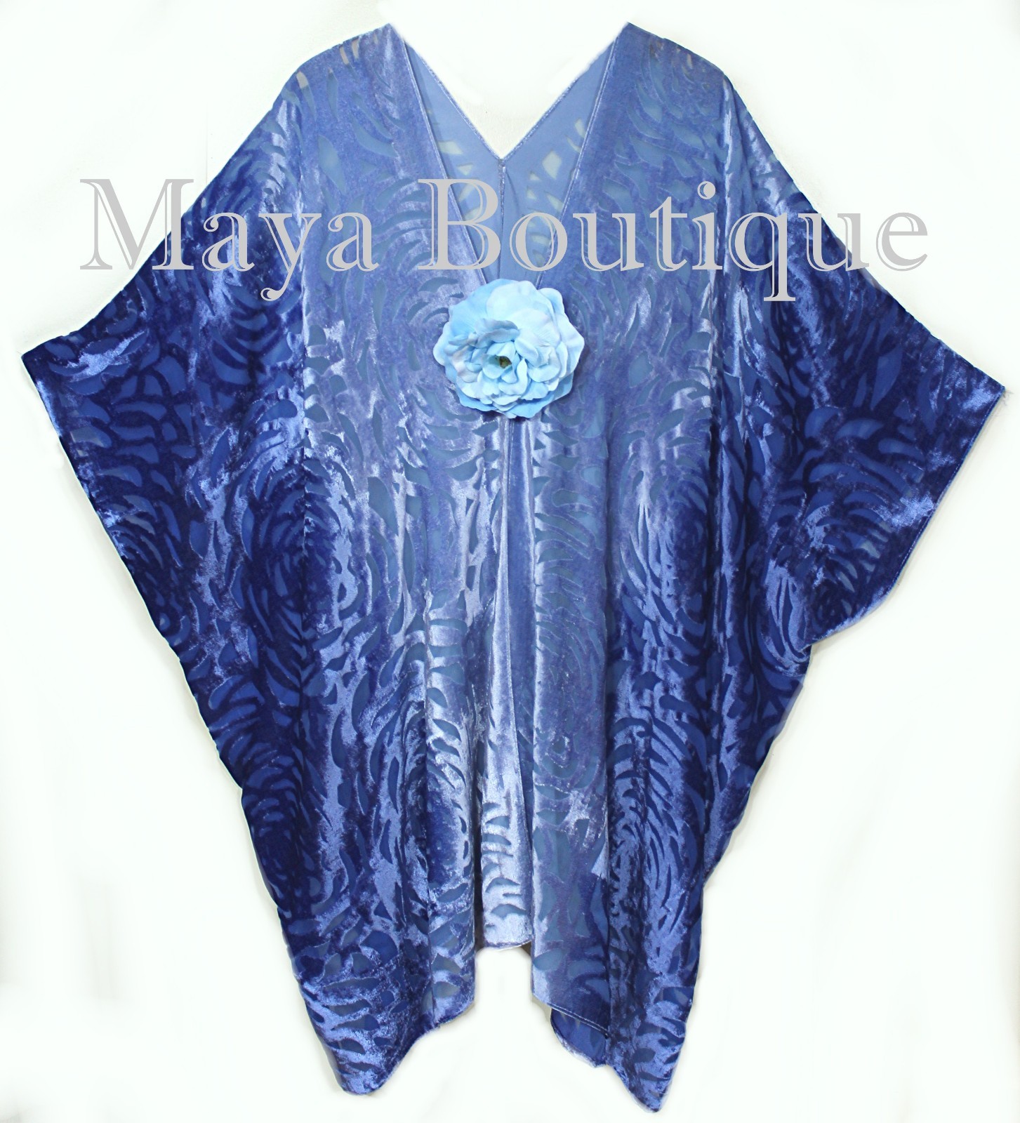 Pre-owned Maya Matazaro Niagara Blue Ombre Camellia Burnout Velvet Caftan Kimono Hand Dyed