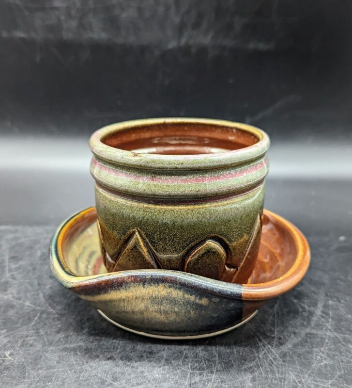 Handmade Studio Art Pottery Ceramic Planter W/ Underplate Signed 3.5" 