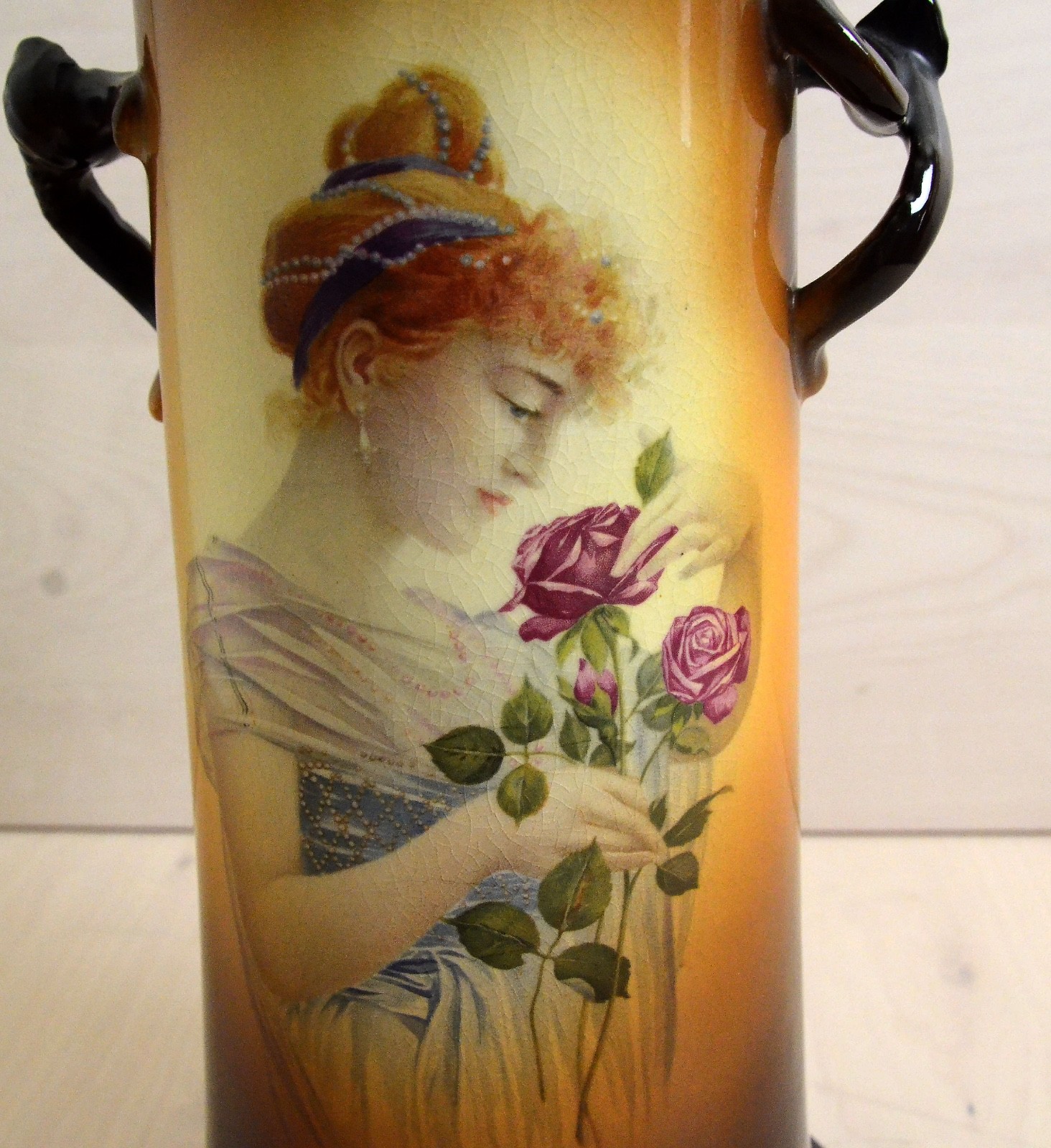 Antique WarwickIOGA Handled Portrait Vase Semi porcelain Woman withRoses   1909