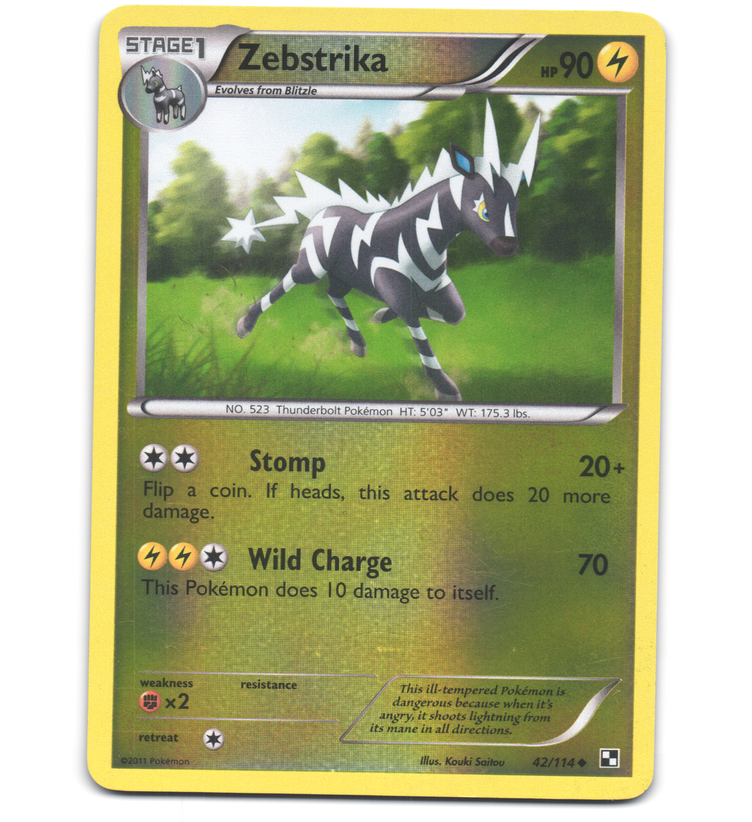 Pokemon 2011 Near Mint NM Zebstrika Black & White REVERSE 42