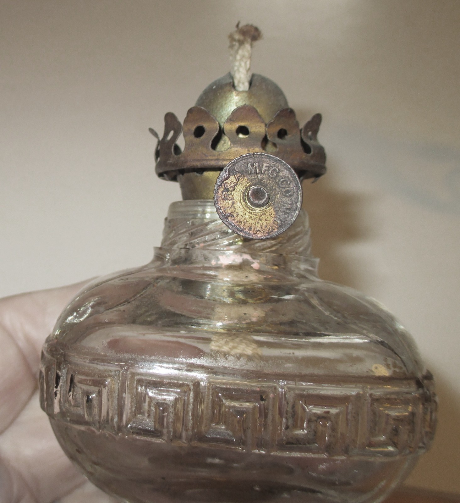 1910 Mini Kerosene Lamp & Matching Chimney Greek Key Pattern Acorn Burner 8”T