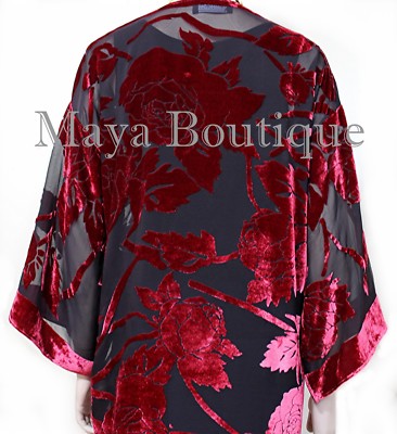 Pre-owned Maya Matazaro Red Long Kimono Jacket Silk Burnout Velvet No Fringe  Hand Dyed Usa In Red & Black