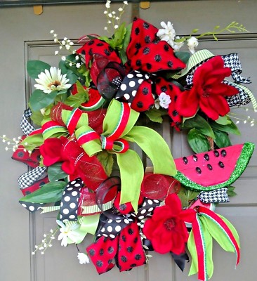 Large 24'' Summer Watermelon Front Door Wreath Handmade Red Farmhouse Decor 