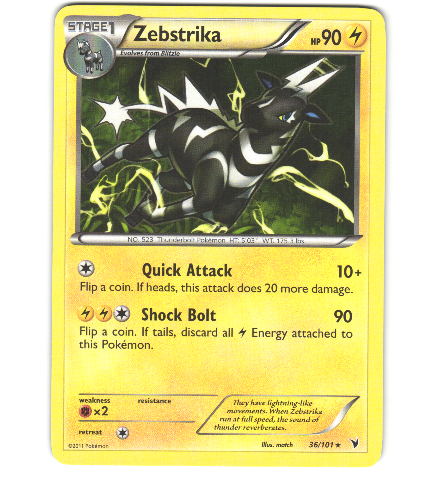 Pokemon 2011 Near Mint NM Zebstrika Noble Victories Rare 36