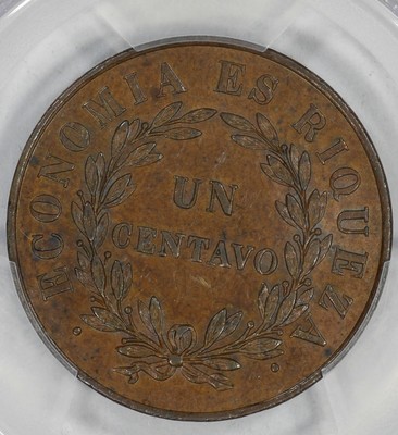 1851 CHILE CHILEAN CENT 1C PCGS CERTIFIED AU 58 ABOUT UNCIRCULATED KM 119.4 (902