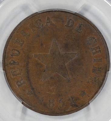 1851 CHILE CHILEAN CENT 1C PCGS CERTIFIED AU 58 ABOUT UNCIRCULATED KM 119.4 (902