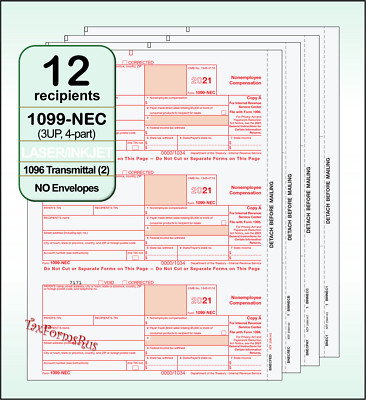 2021 IRS Tax Form 1099-NEC Laser 12 recipients+(2)1096 #NECS405 - 3UP 4pt NO Env