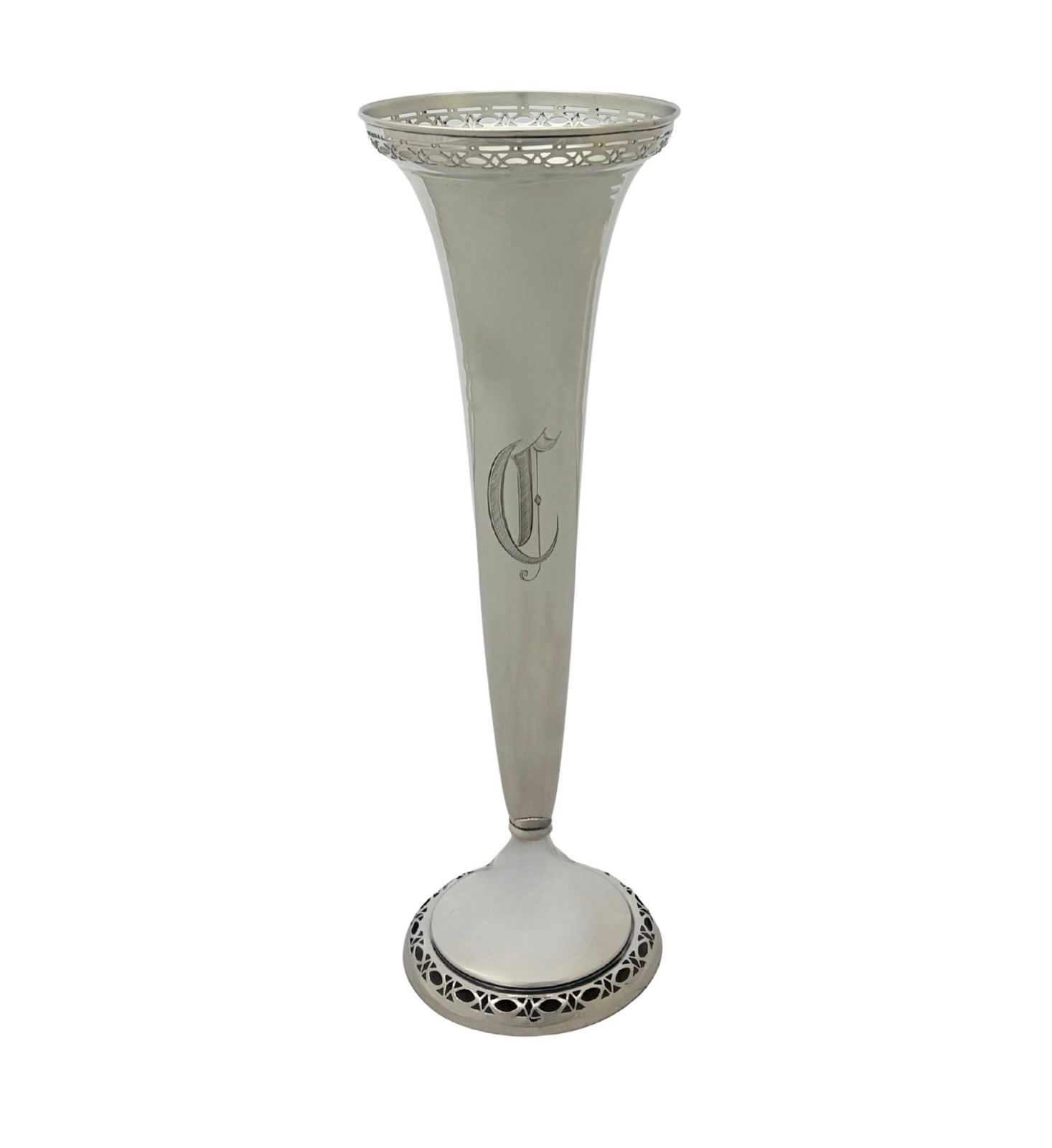 ANTIQUE REED & BARTON 925 STERLING SILVER & WEIGHTED MONOGRAMMED TRUMPET VASE