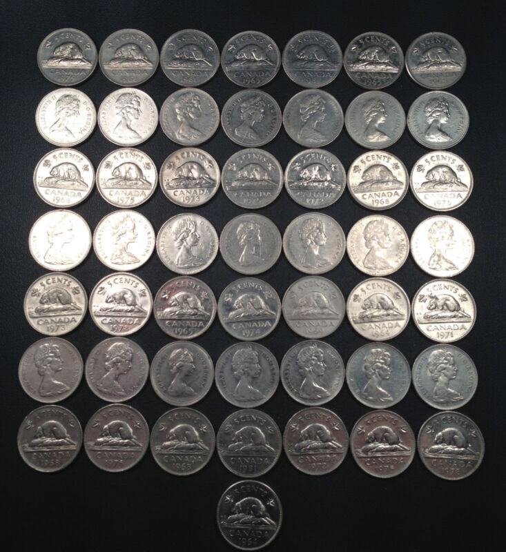 Old Canadian Nickel Lot - 50 Coins - 1953-1981 - PURE NICKEL - FREE SHIPPING!!