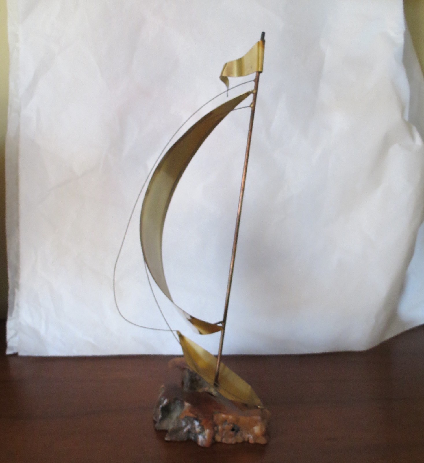 Vtg Brass Sailboat on Driftwood Nautical Sculpture MCM Jere Era Table top