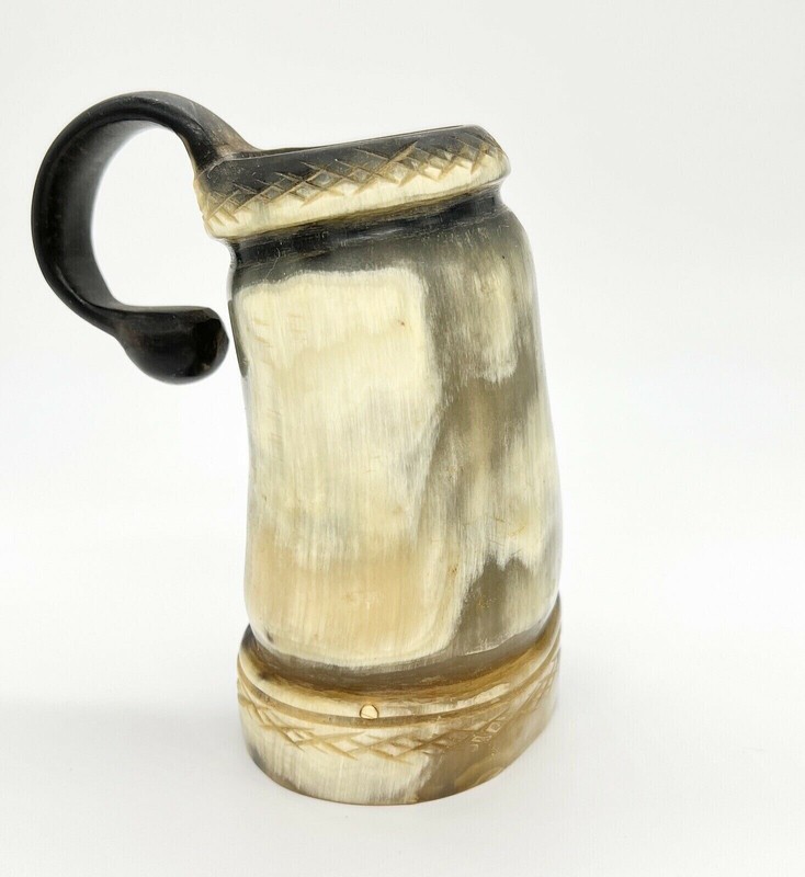 Animal Horn Mug Cup Carved Viking Folk Art Ceremonial Handmade Vintage Rare