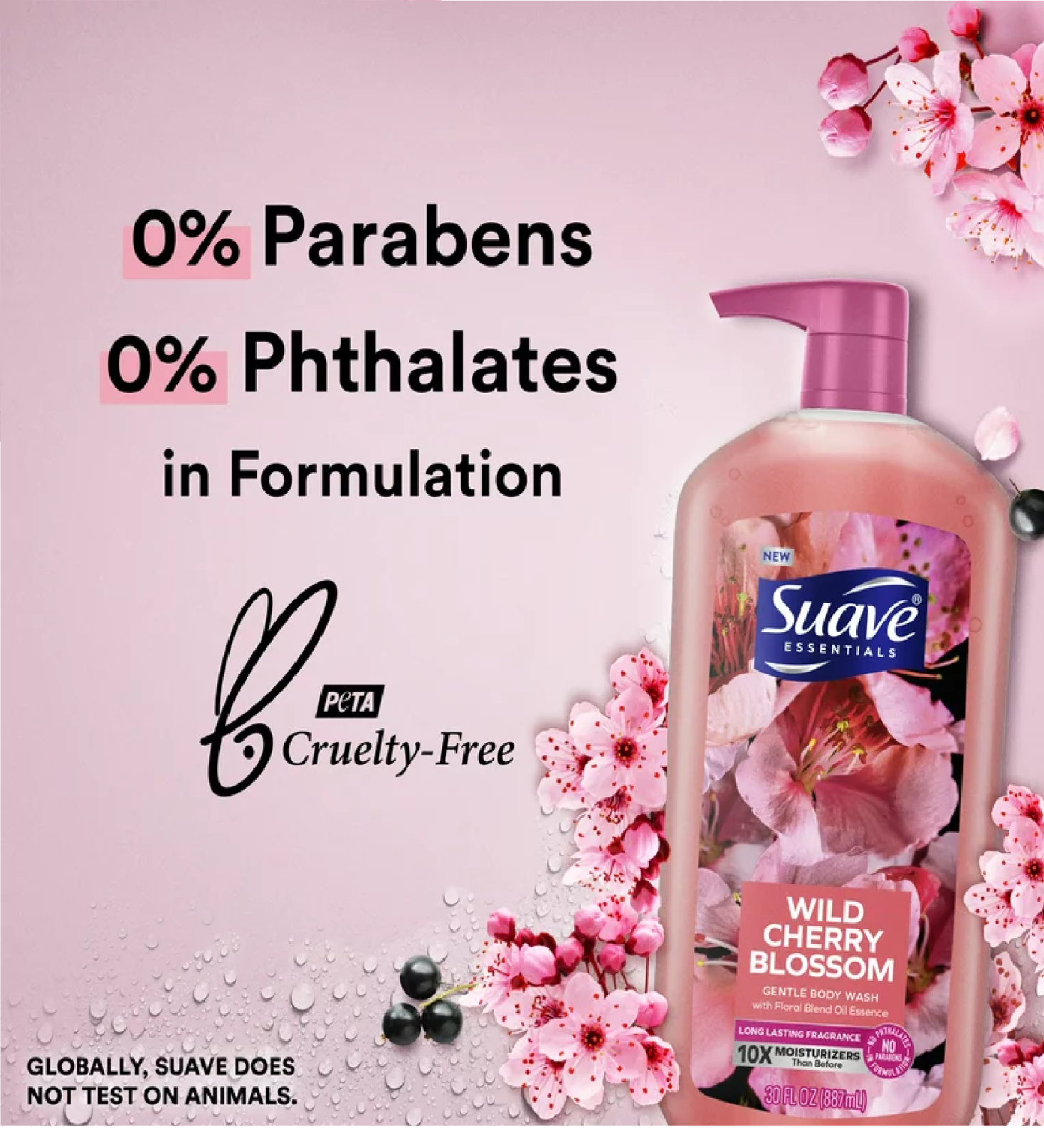 Suave Essentials Gentle Liquid Body Wash, Wild Cherry Blossom, 30 oz