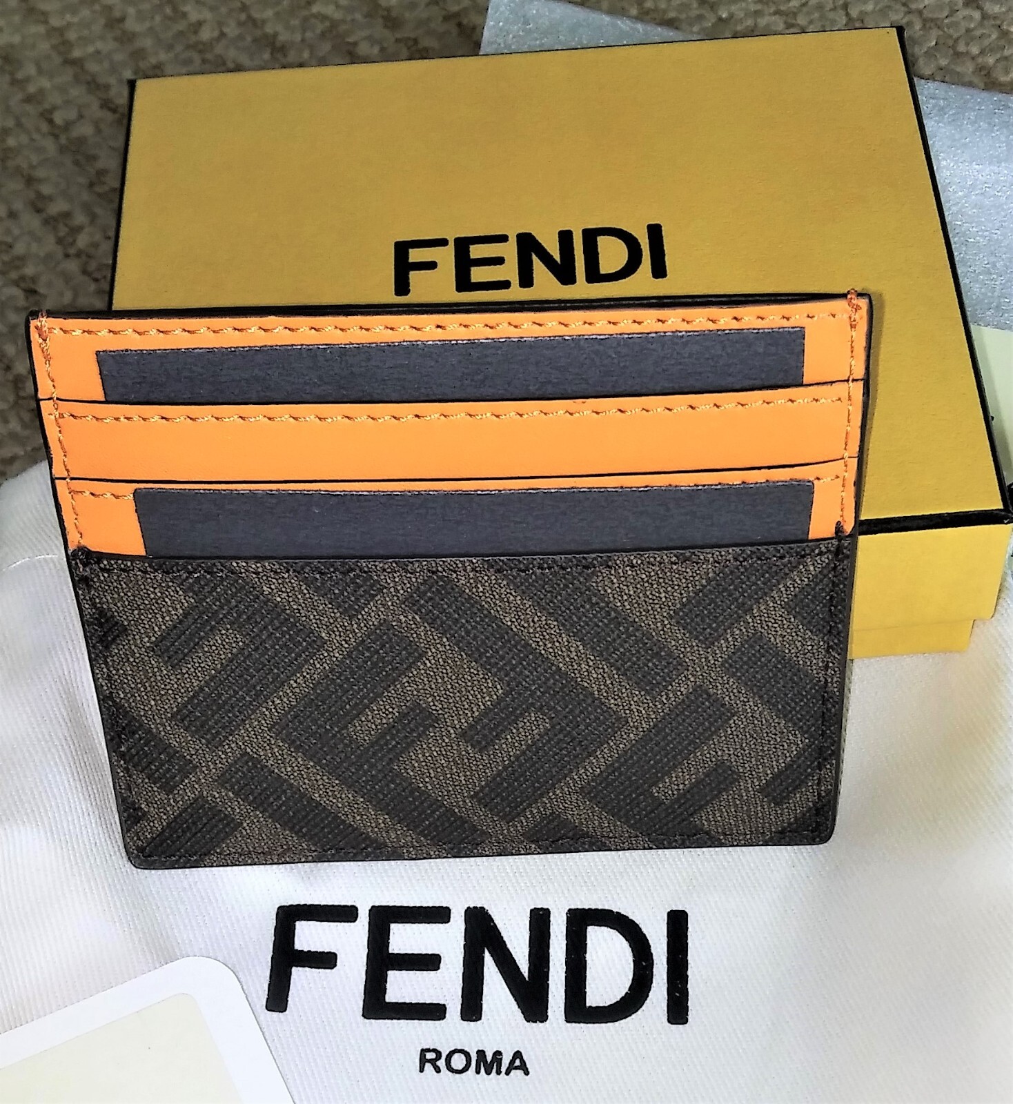 Pre-owned Fendi 'ff Logo Diagonal' Auth Men's Canvas/leather Card Holder Tobacco/org In Brown/orange (f1kjs)