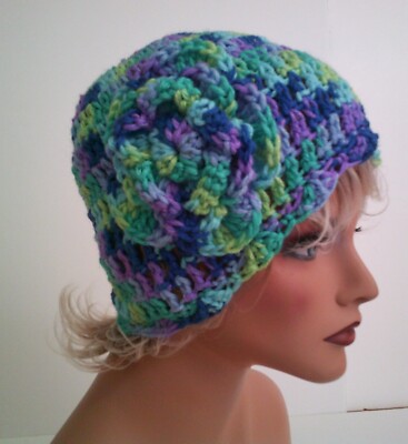PURPLE BLUE MULTI FLOWER BEANIE CAP HAT HAND CROCHET BERET SKULL CAP CLOCHE TAM