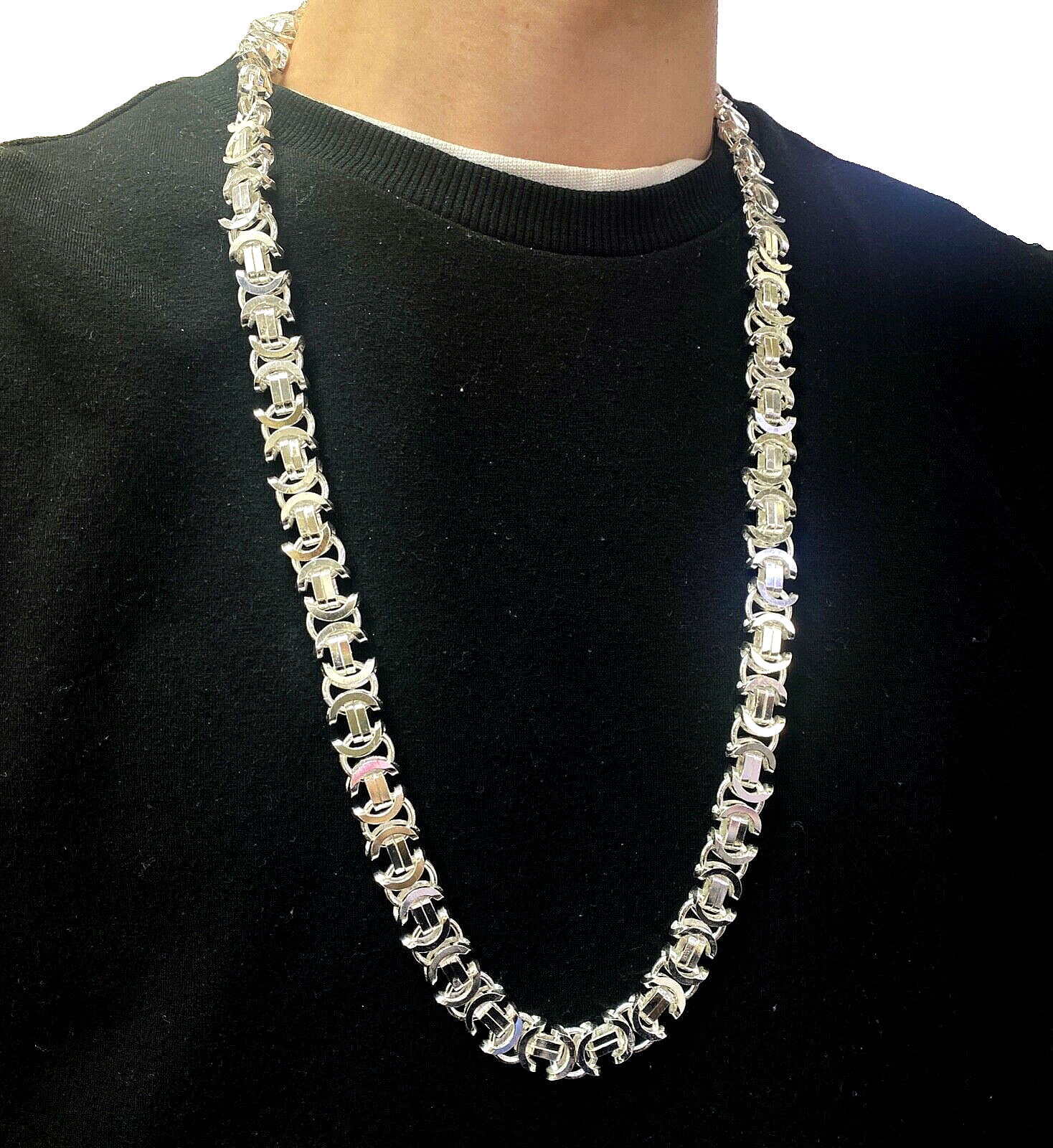 Pre-owned Handmade Mens Flat Byzantine Necklace Euro King 925 Sterling Silver 13mm 202gr 30.70"