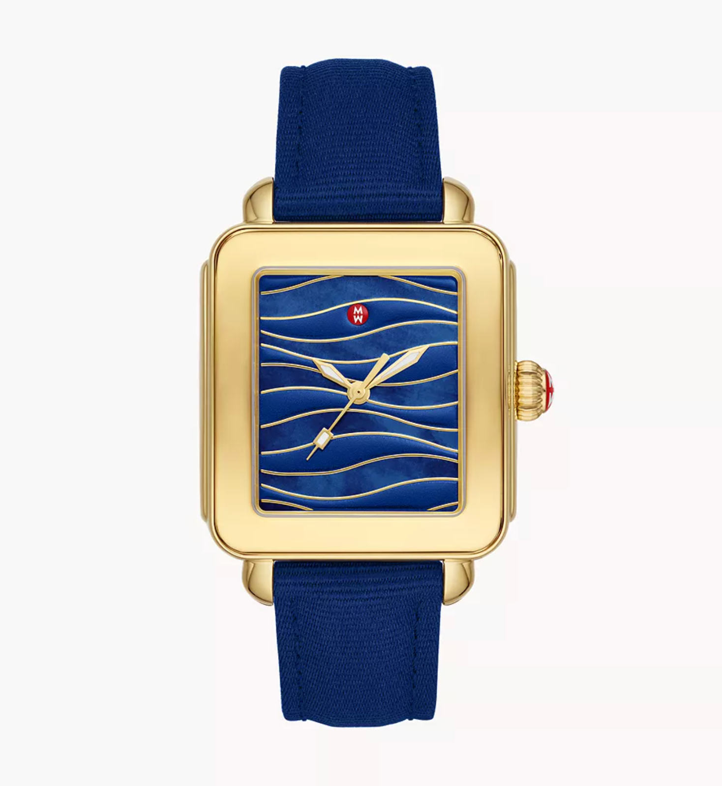 Pre-owned Michele In Box  Deco Sport Gold Mother Of Pearl Dial Blue Strap Watch