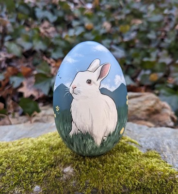Hand Painted White Rabbit Easter Egg - Art By Heather Leanne - Dandelions
