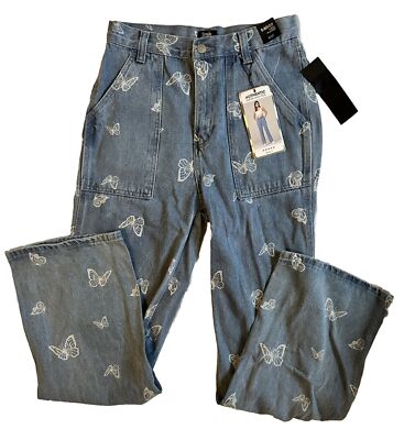 Simple Society Womens 5/27 Super High Rise Baggy Denim Jeans Butterfly Print