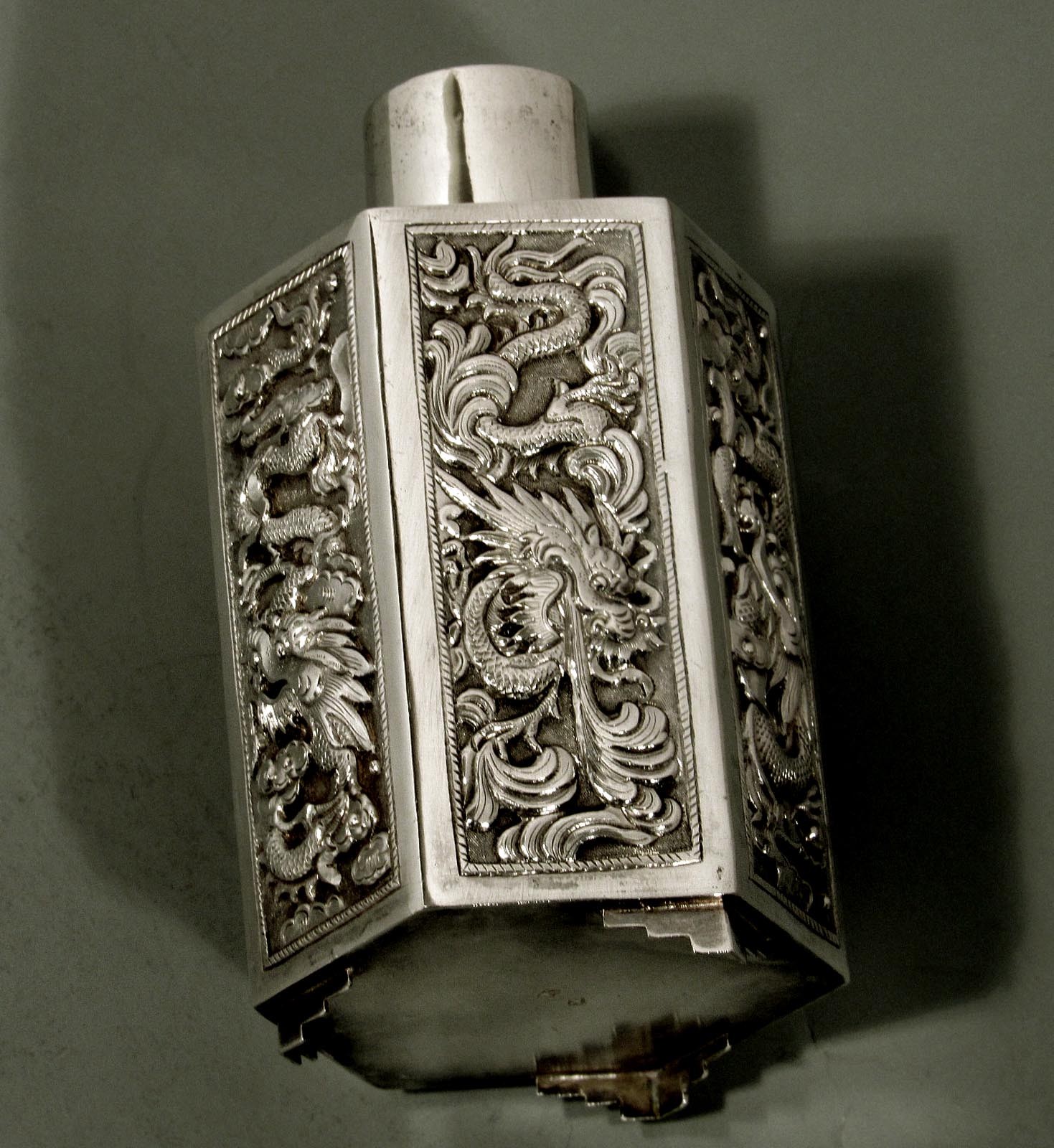 Chinese Export Silver Tea Caddy    c1890 Tuck Chang  - DRAGONS  -