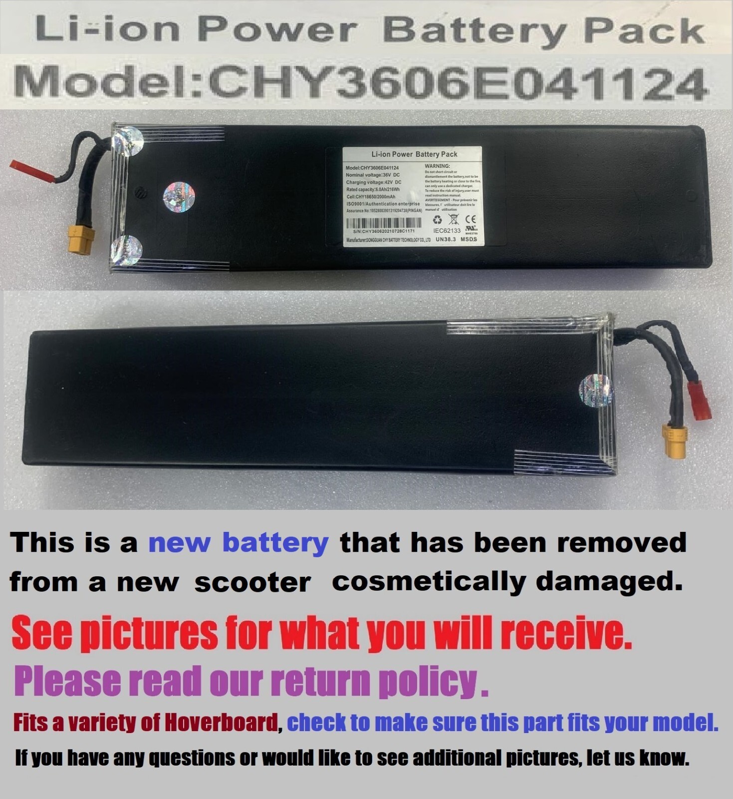 Li-ion Power Battery Pack CHY3606E041124 36V 6.0Ah 216Wh