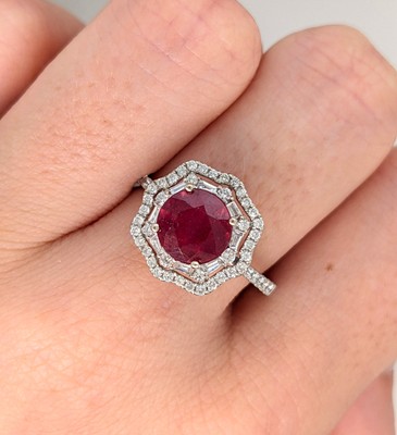 Earth Mined Red Ruby in 14k White Gold Art Deco Setting w Double Diamond Halo