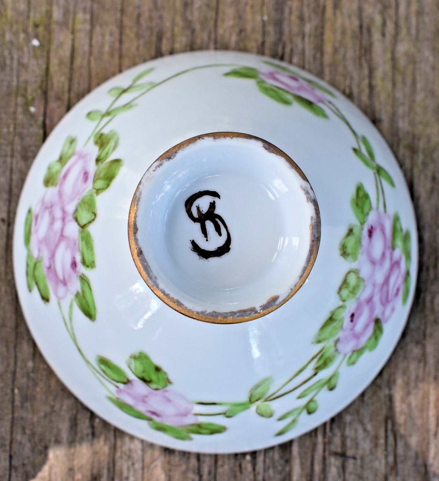 Hand painted Footed Bowl Dish Pink Flowers gold trim signed SK