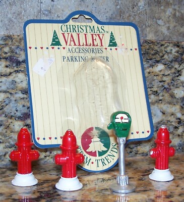 Green Parking Meter & 3 Red Fire Hydrants, Miniature Christmas Village Figurines