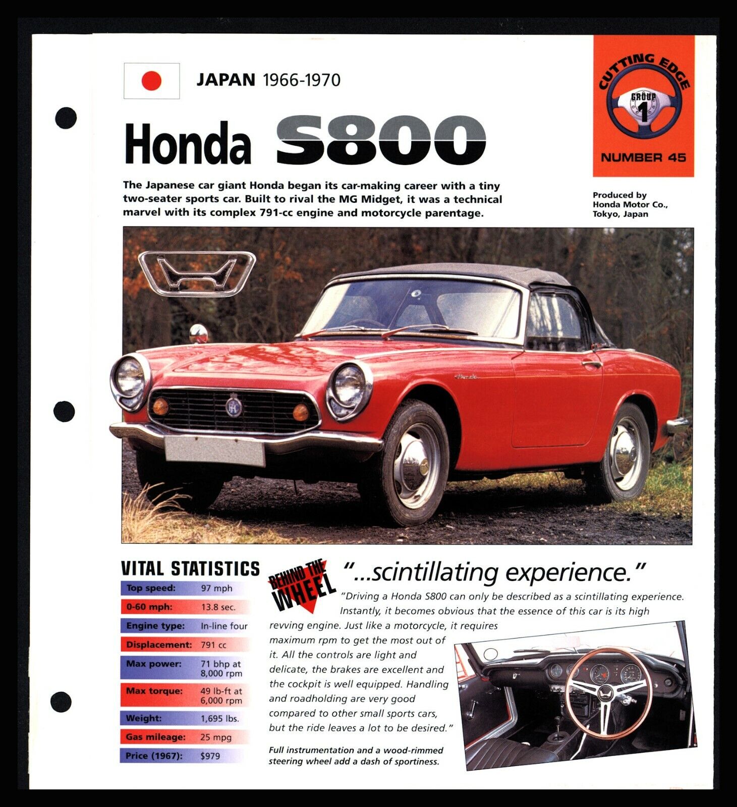 Honda S800 (Japan 1966-1970) Spec Sheet 1998 HOT CARS Cutting Edge #1.45 Honda S800 (Japan 1966-1970) Spec Sheet 1998 HOT CARS Cutting Edge #1.45
