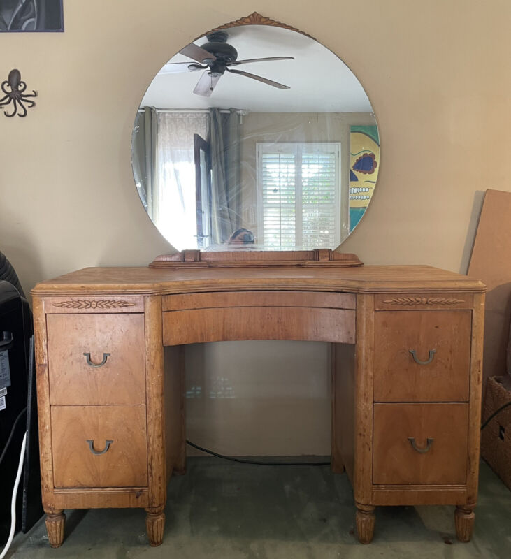 Antique vanity dressing table w/ round mirror
