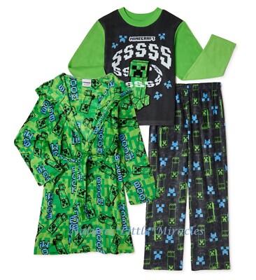 Minecraft Boy Pajamas Robe Set 3 Piece Hoodie Cover Up Size 6 8 Creeper Girl NWT