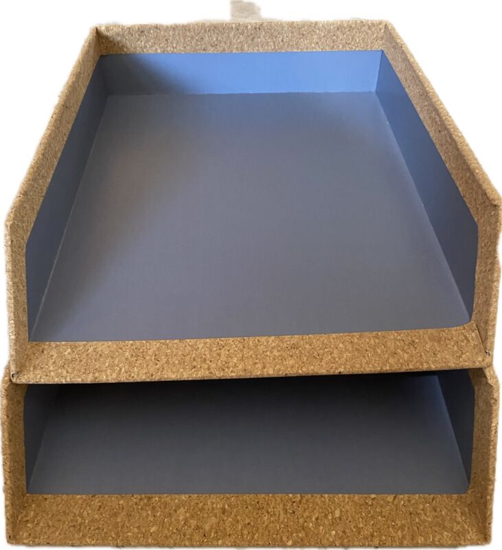 NWT Set Of 2 Desktop Paper Tray Cork Sides & Bottom Over Blue Cardboard11.25"x9"