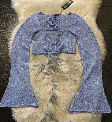 NWT DollsKill Current Mood Magic Cove Sparkle Blue Bell Sleeve Crop Knit Top S