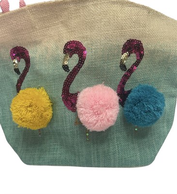 Mud Pie Flamingo Blue Ombre Sequin Tote Bag Pink Yellow Blue Pom Poms New W/ Tag