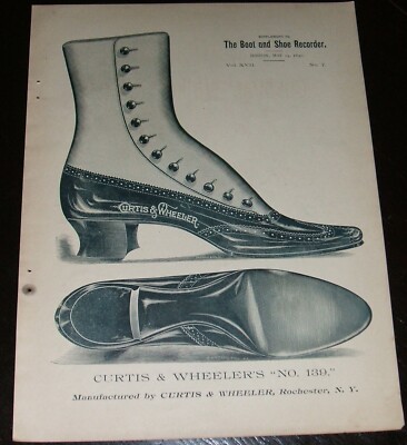 Original 1890 Full Page Illustrated Advertisement for Curtis & Wheeler Shoe Comp