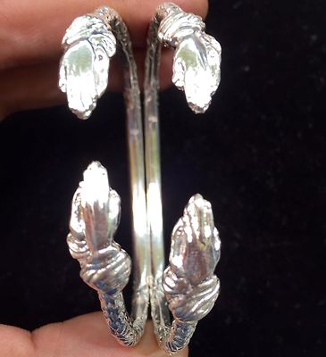 Pair Of Classic Praying Hand Head Handmade West Indian Sterling Silver Bangles