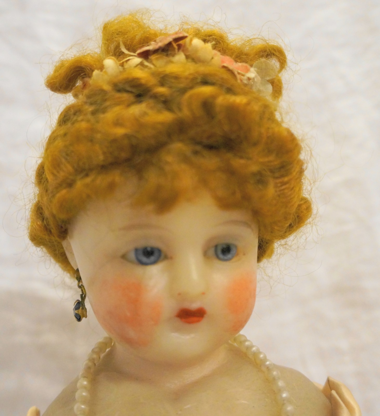 Antique Wax Doll Lace Dress French German Glass Eyes Human Hair Wig 17 IN 1890s