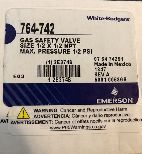 New...White-Rodgers Gas Safety Valve 764-742
