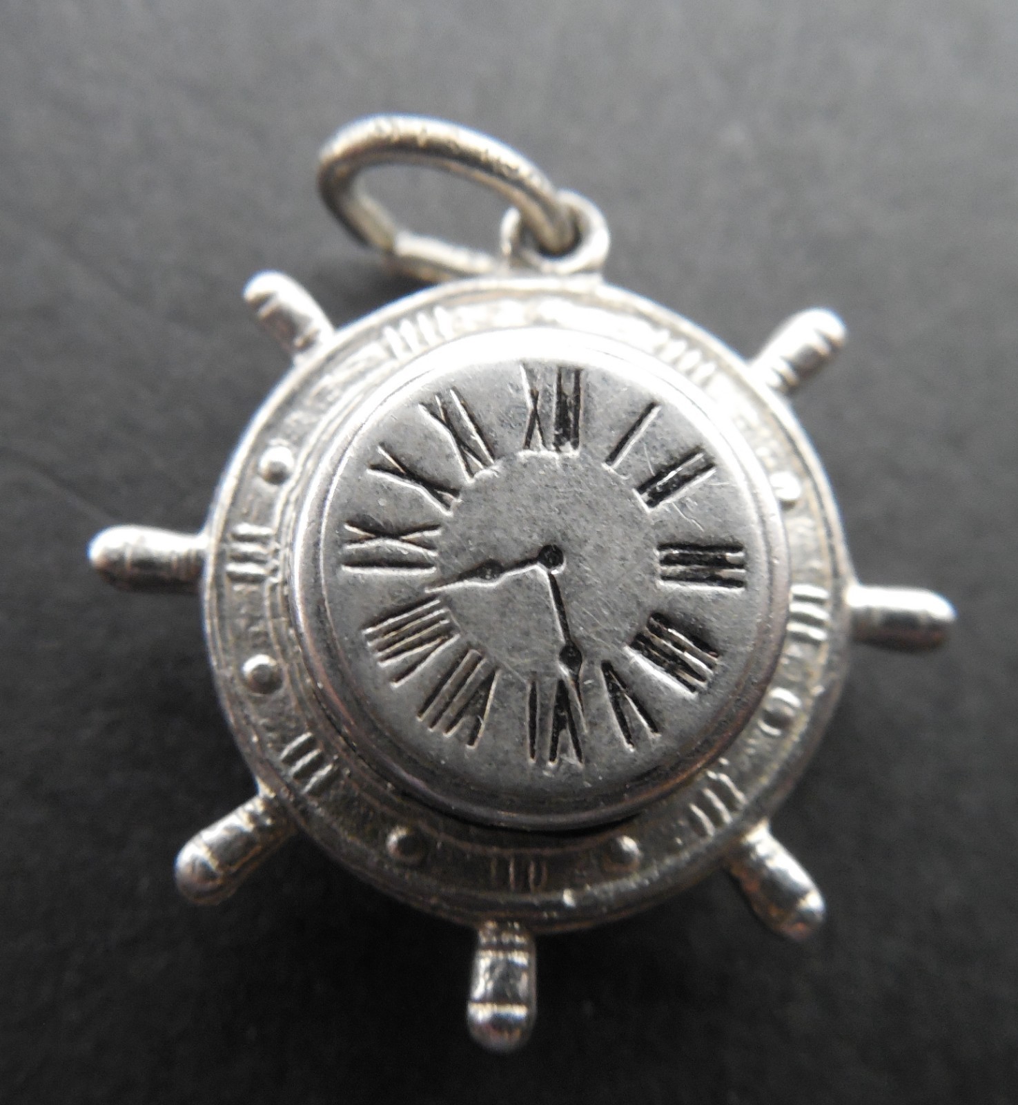 Vintage - Ships Wheel with Clock in Center - 3D Sterling Silver Charm - #1401L