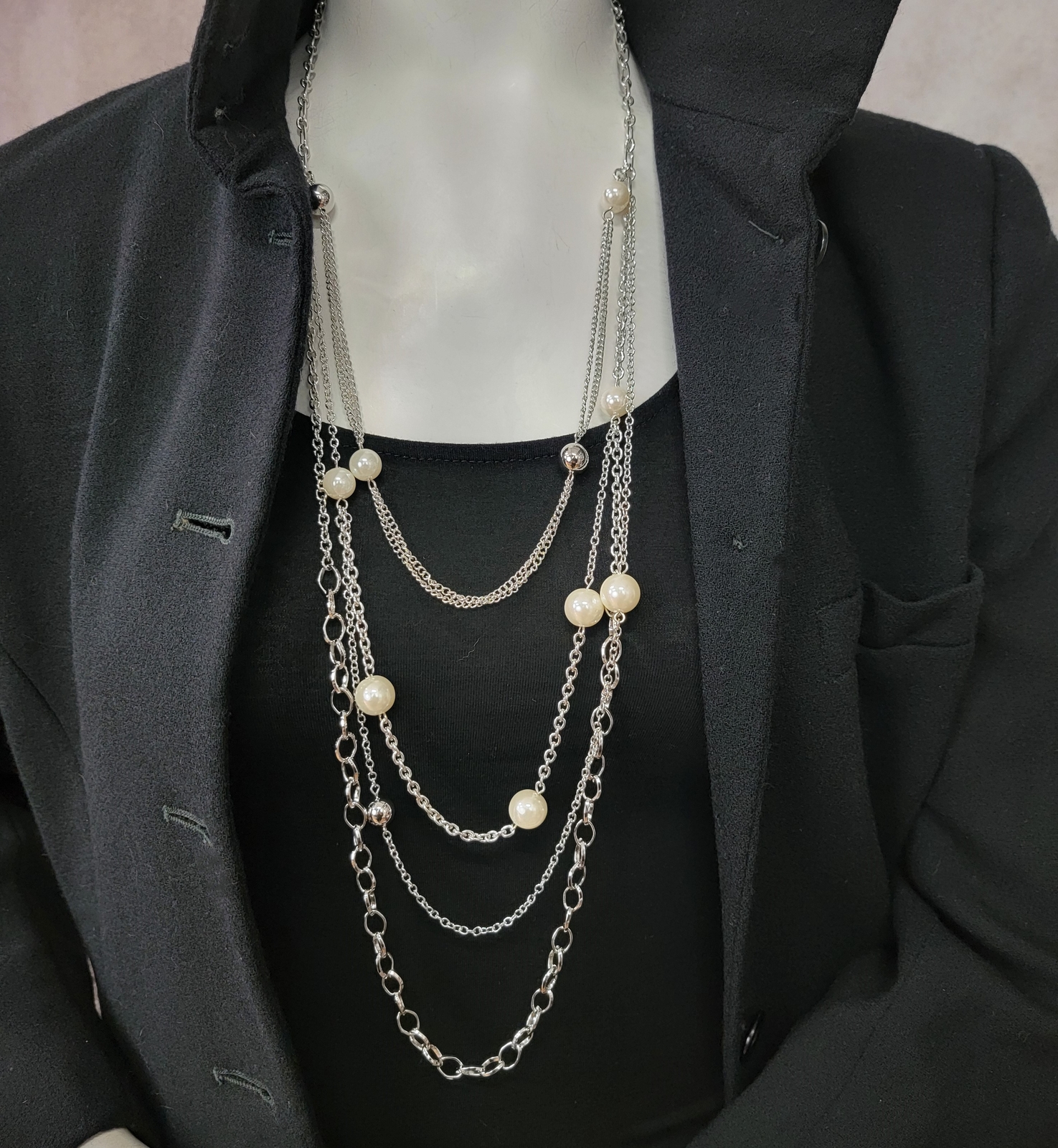 Pearl Mix Malti Chain Necklace （Silver） Premier Designs Long Multi Strand Faux Pearl Silver Chain