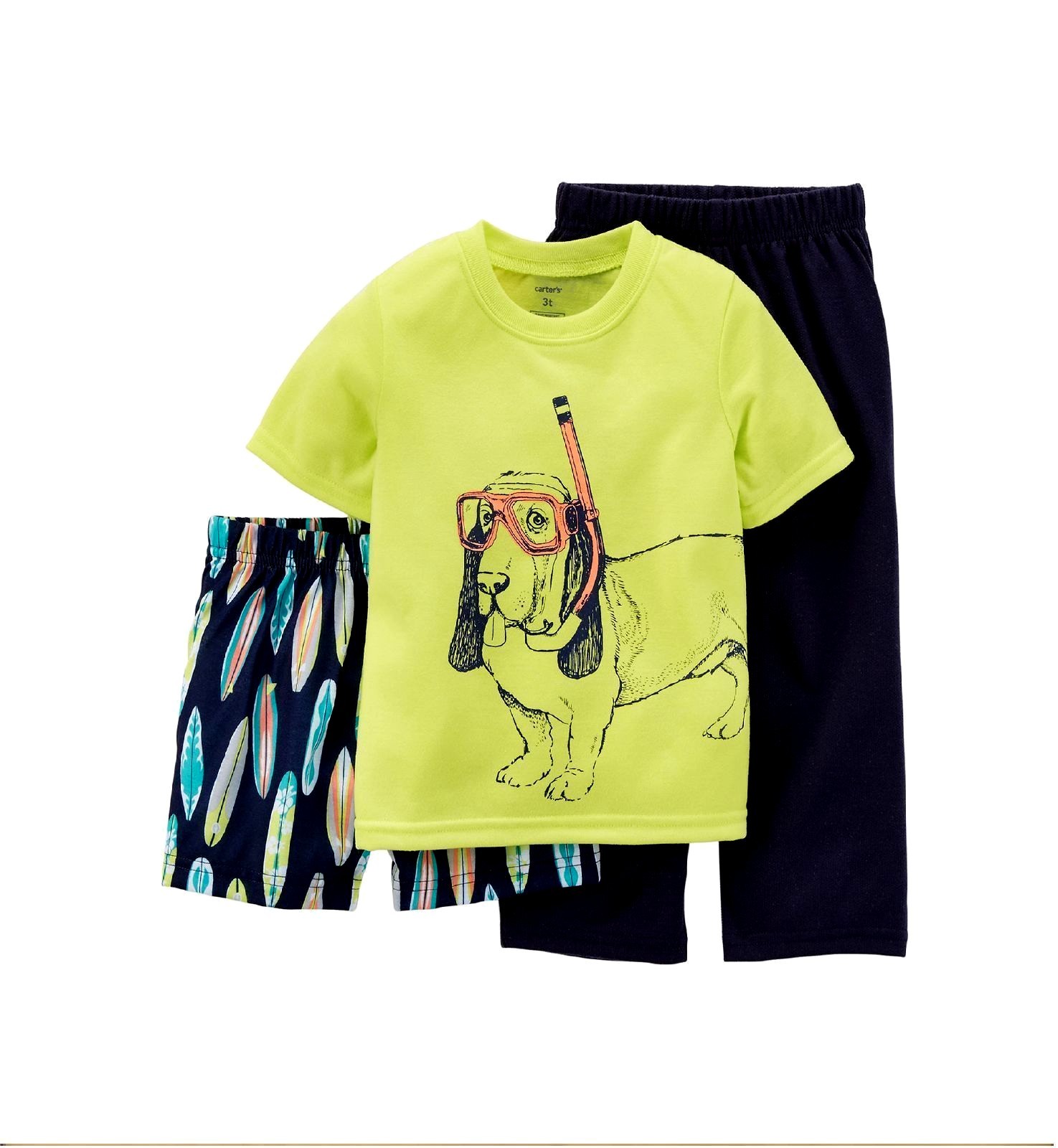 

КОМПЛЕКТ CARTERS 3PCSCUBA DOG ДЛЯ МАЛЬЧИКОВ, ТОП ДОСКИ ДЛЯ СЕРФИНГА, БРЮКИ, МЯГКАЯ ПИЖАМА 2T 3T, Bright yellow/neon multi