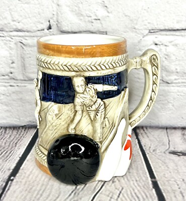 Novelty Vintage Bowling Coffee Mug Stein Inarco Japan Bowler and Pins 3D Retro