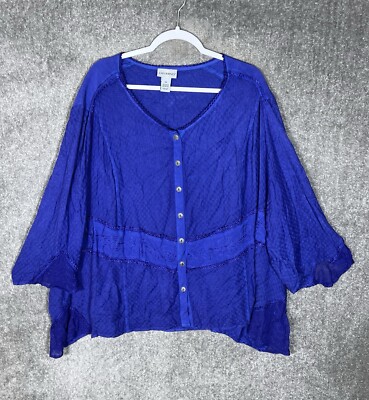 Catherines Top Womens Size 5X Purple-Blue Rayon Long Sleeve Scoop Neck Button Up