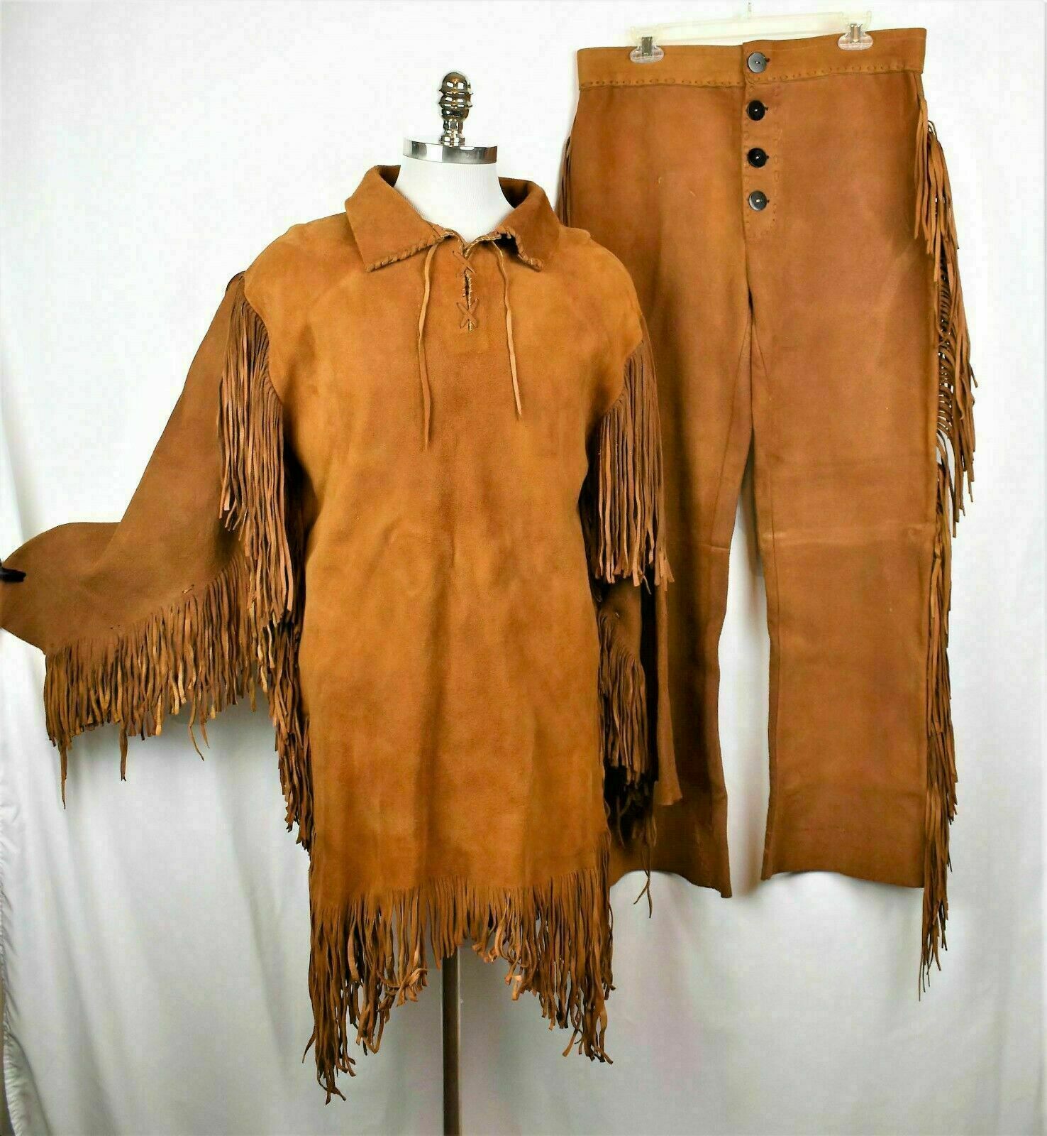 Pre-owned Handmade Mens Western Cowboy Brown Suede Leather Mountain Man Fringes Shirt & Pant Wsp302