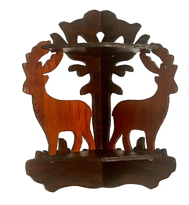 Vintage Hand Crafted Rustic Cabin Wood Corner 2 Tier Shelf Deer Farmhouse Hunt