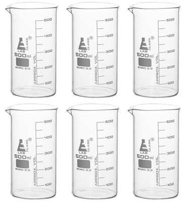 Eisco Labs 500ml Beakers, Tall Form, White Graduations, Borosilicate Glass - 6PK