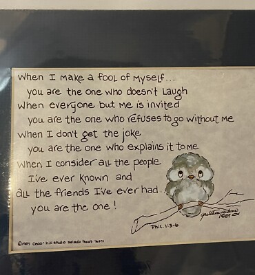 Gretchen Jackson Artist Print w Mat 1987 Phil 1:3-6 Salado Calligraphy Owl Vtg